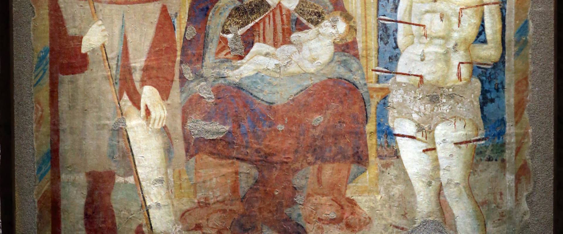 Scuola parmense, madonna col bambino in trono tra i ss. rocco e sebastiano, 1490 ca, dal castello di torrechiara foto di Sailko